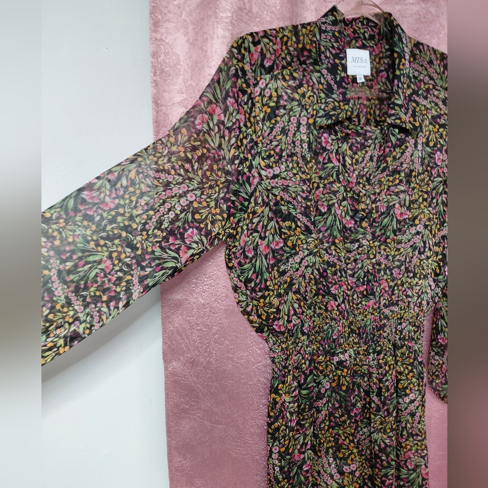 Misa Los Angeles Black Pink Floral Sheer Maxi V Neck Dress Delicate Pretty - Picture 6 of 11